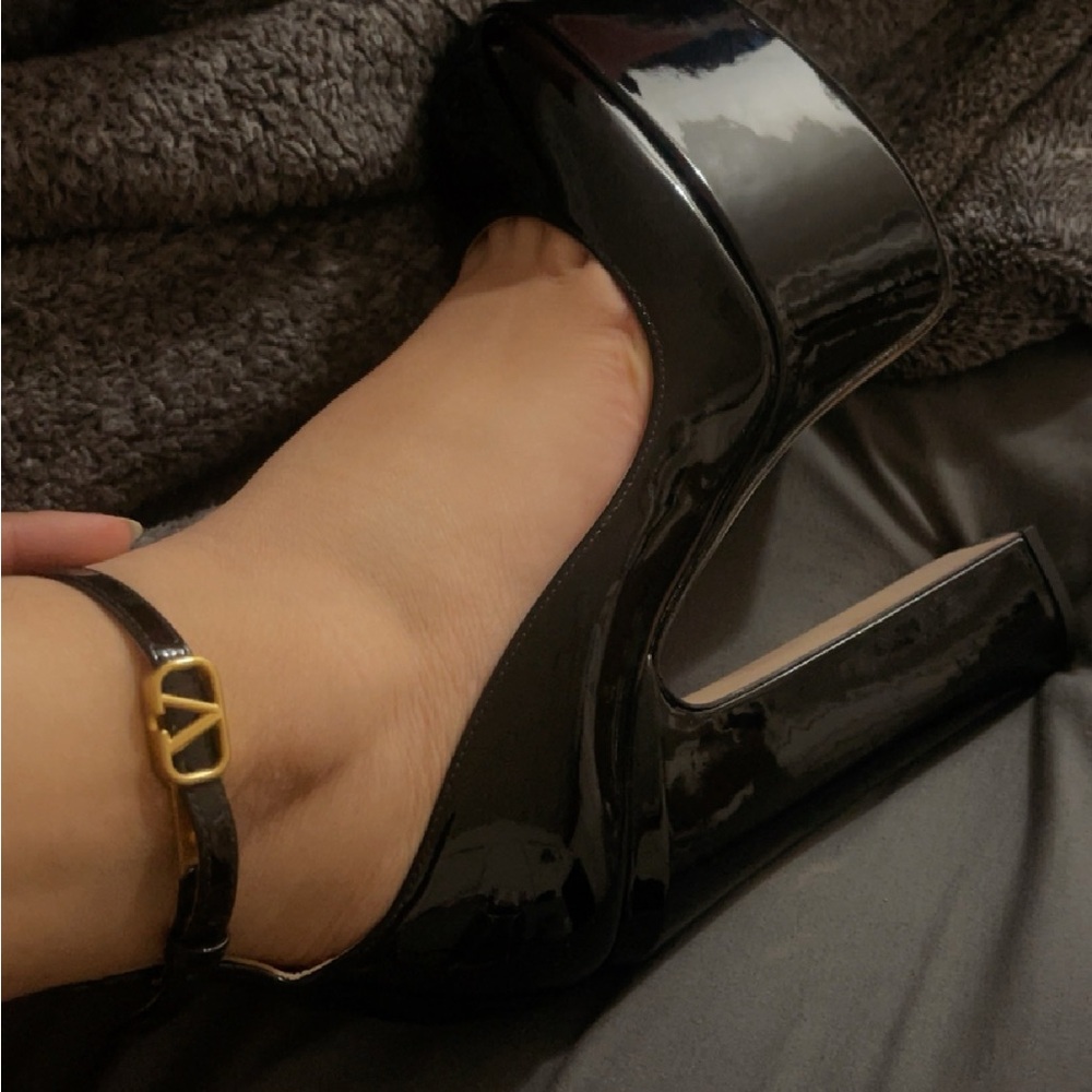 Valentino Black Patent Platform Block Heel with Gold Logo Ankle Strap